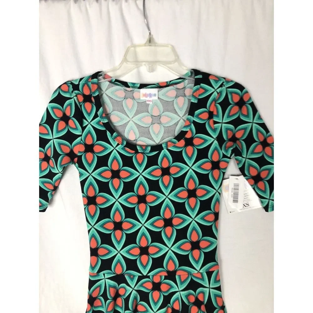 lularoe Nicole dress Size XXS Black Orange Green Short Sleeve Spun Polyester Usa